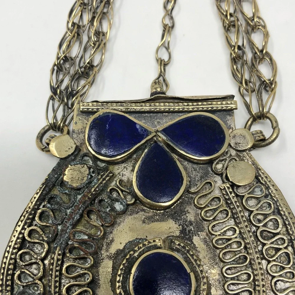 Tribal Amulet Pendant Box Jacket Closure Silver Brass Tone Blue Stone‎